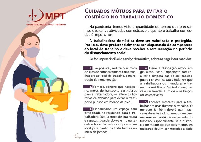 COM O APOIO DA AMATRA-2 NA DIVULGAÇÃO, MPT LANÇA CARTILHA PARA EVITAR CONTÁGIO NO TRABALHO DOMÉSTICO