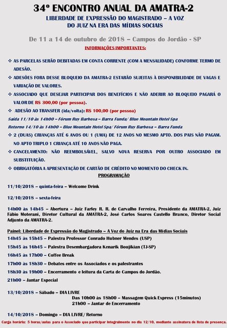 34º ENCONTRO ANUAL DA AMATRA-2 – 11 A 14/10/2018 – CAMPOS DO JORDÃO